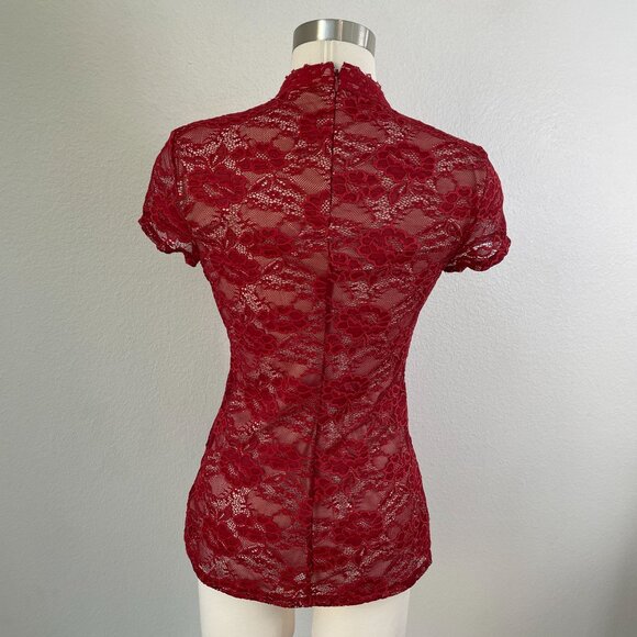 Express Womens Small Red Lace Choker Neck Short Sleeve Top Blouse Shirt - Picture 8 of 12